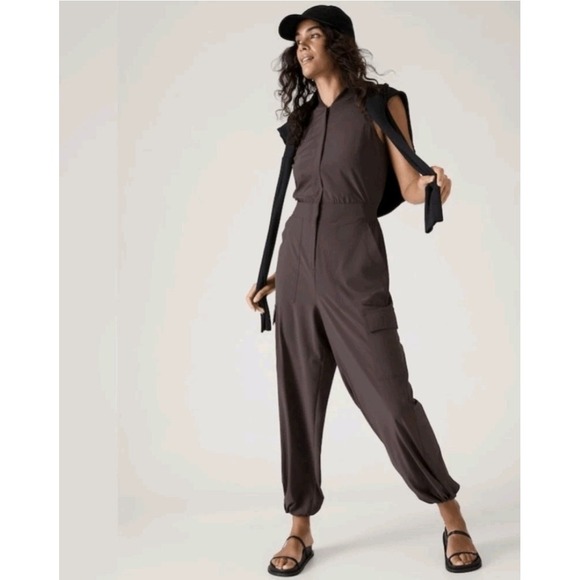 Athleta Pants - Athleta Brooklyn Utility Jumpsuit Shale Brown Cargo Pocket Ankle Jogger Sz 8